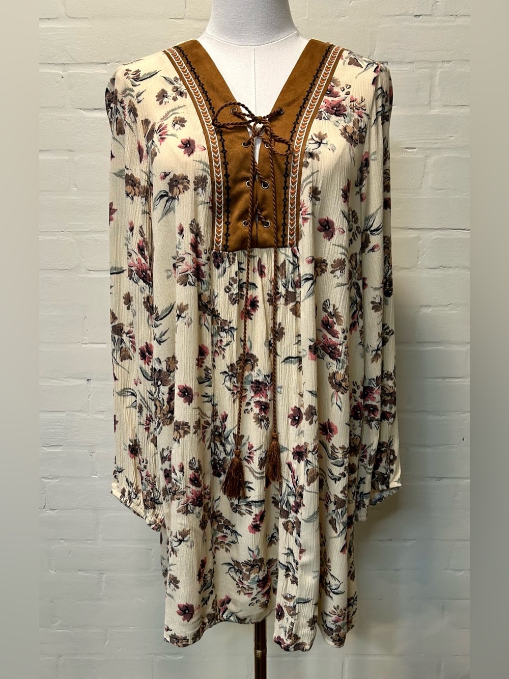 Flying Tomato Western Prairie Boho Cottagecore Cream Floral Tunic Dress Size L